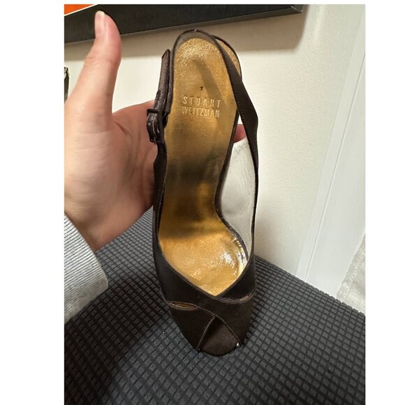Stuart Weitzman Chocolate Brown Satin Peep-Toe Slingback Heels Size 9 - Picture 12 of 14